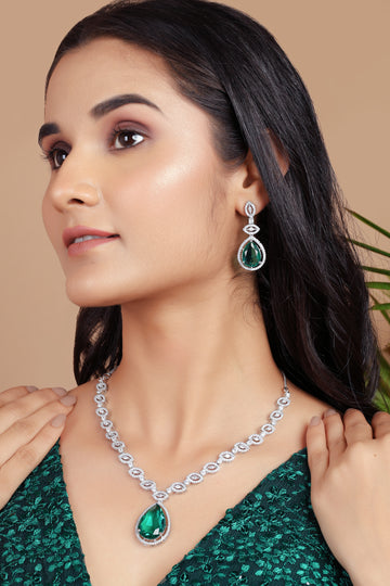 Emerald Silver Plated American Diamond Necklace Set